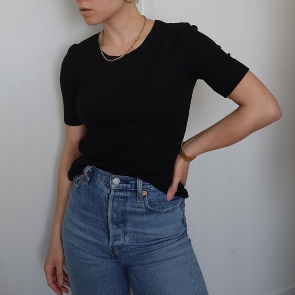 DKNY Short Sleeve Ribbed T-Shirt Black Small - Picture 1 of 7